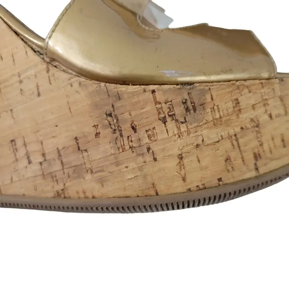 Fendi Neutrals Patent Leather Wedge Platform Sandals IT 38 (8 Women) Gold Tan